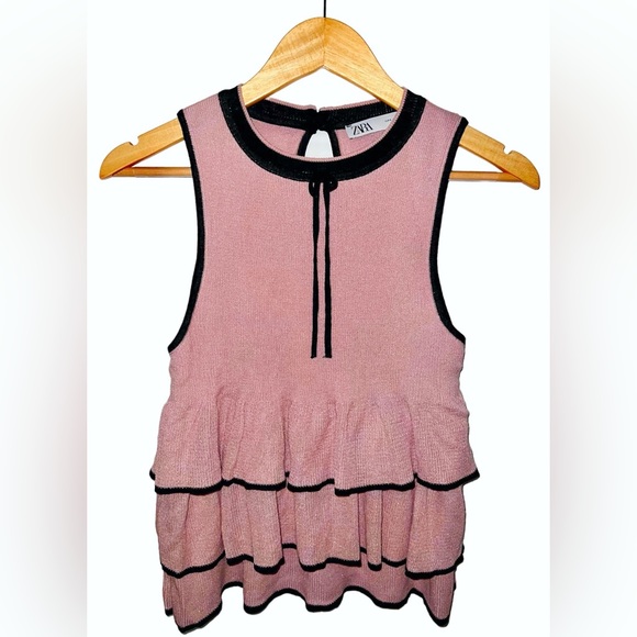 NWT Women ZARA RUFFLED KNIT TOP Blouse  Mauve Pink Cutout Tie Detail Small - Picture 4 of 6